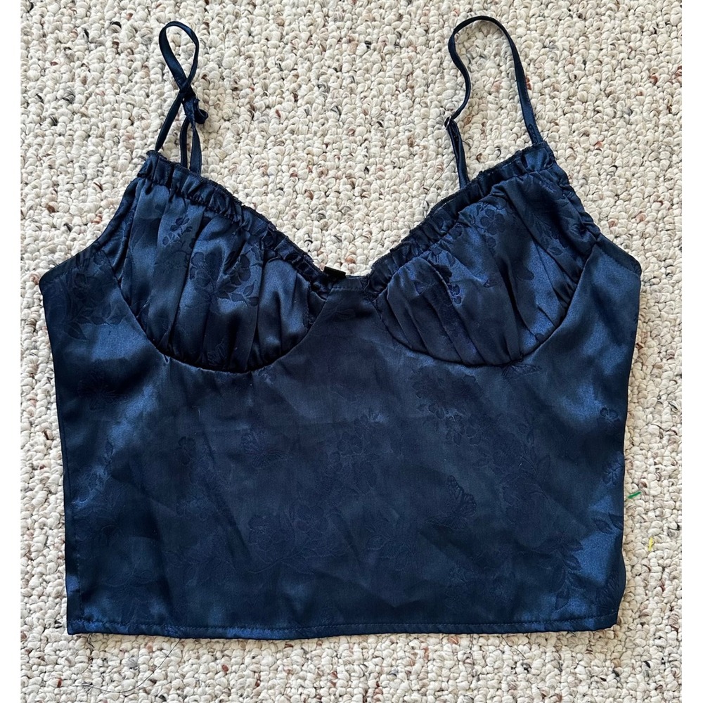 Beverly and Beck Navy Blue Satin Floral Jacquard Bustier Cami Top TW30100 Small